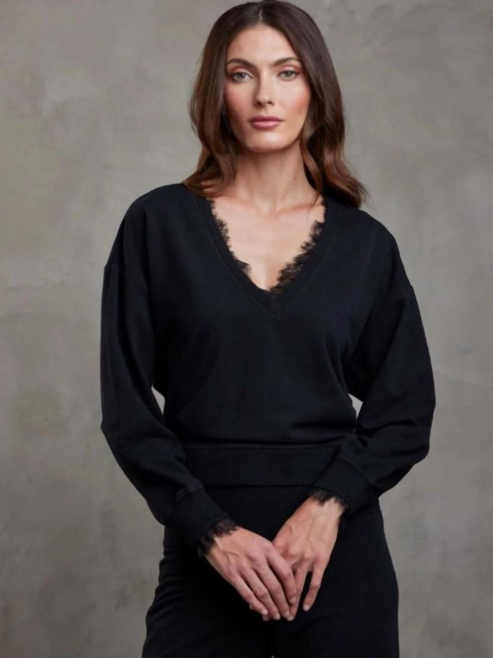 NWT We Are Sundays Makayla Pullover Black V Neck Lace Trim Sweater Top S $178